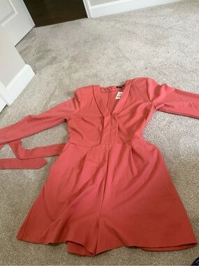 Express Coral Pink V-Neck Long Sleeve Romper